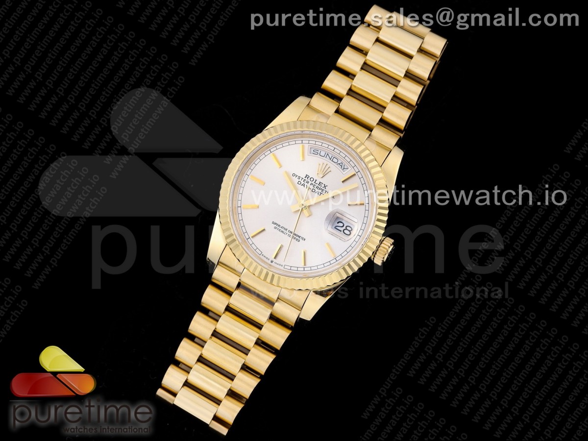 GM공장 롤렉스 데이데이트 옐로우골드 금통 실버 바인덱스 브슬 / Day-Date 36 YG 128238 GMF Best Edition Silver Dial Stick Markers on President Bracelet A2836