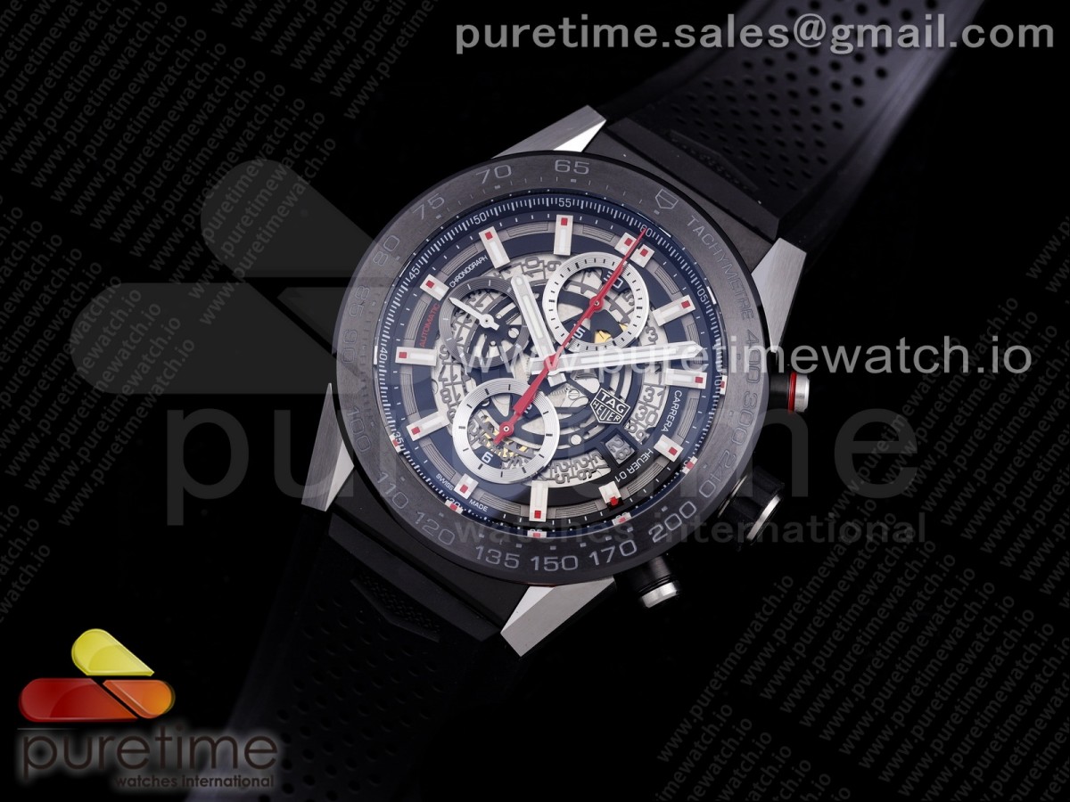 XF공장 태그호이어 칼리버호이어 PVD 스켈레톤다이얼 블랙 러버 / Calibre Heuer 01 Chrono SSPVD XF 11 Best Edition Skeleton Dial Red Hand on Black Rubber Strap A1887