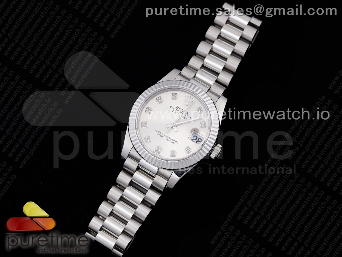 GM공장 롤렉스 데이저스트 31MM 실버 텐포인트 브슬 여성용 / DateJust 31 Ladies 278289 GMF 316L Steel Silver Dial Diamonds Markers on President Syle Bracelet