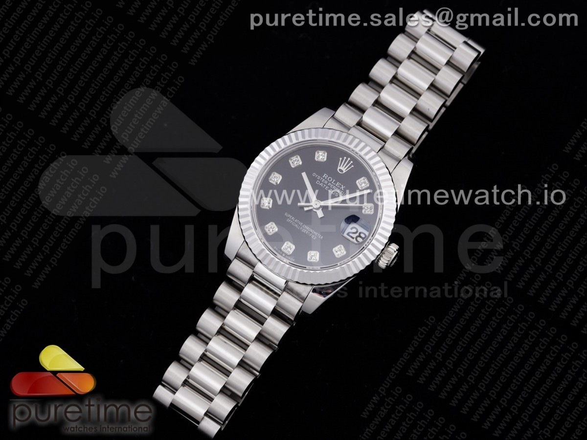 GM공장 롤렉스 데이저스트 31MM 블랙 텐포인트 브슬 여성용 / DateJust 31 Ladies 278289 GMF 316L Steel Black Dial Diamonds Markers on President Syle Bracelet