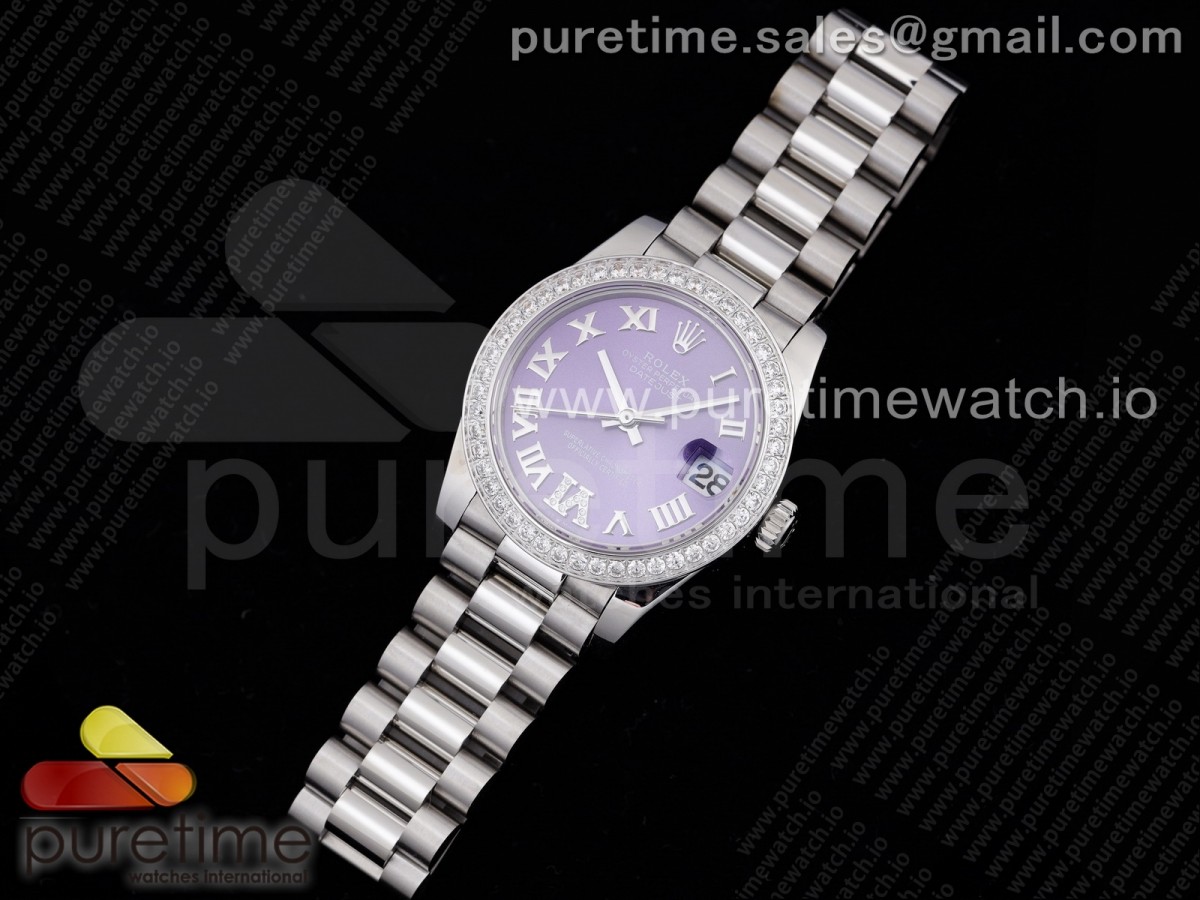 GM공장 롤렉스 데이저스트 31MM 퍼플다이아 로만인덱스 다이아베젤 브슬 여성용 / DateJust 31 Ladies 278289 GMF 316L Steel Diamonds Bezel Purple Dial Roman Markers on President Syle Bracelet
