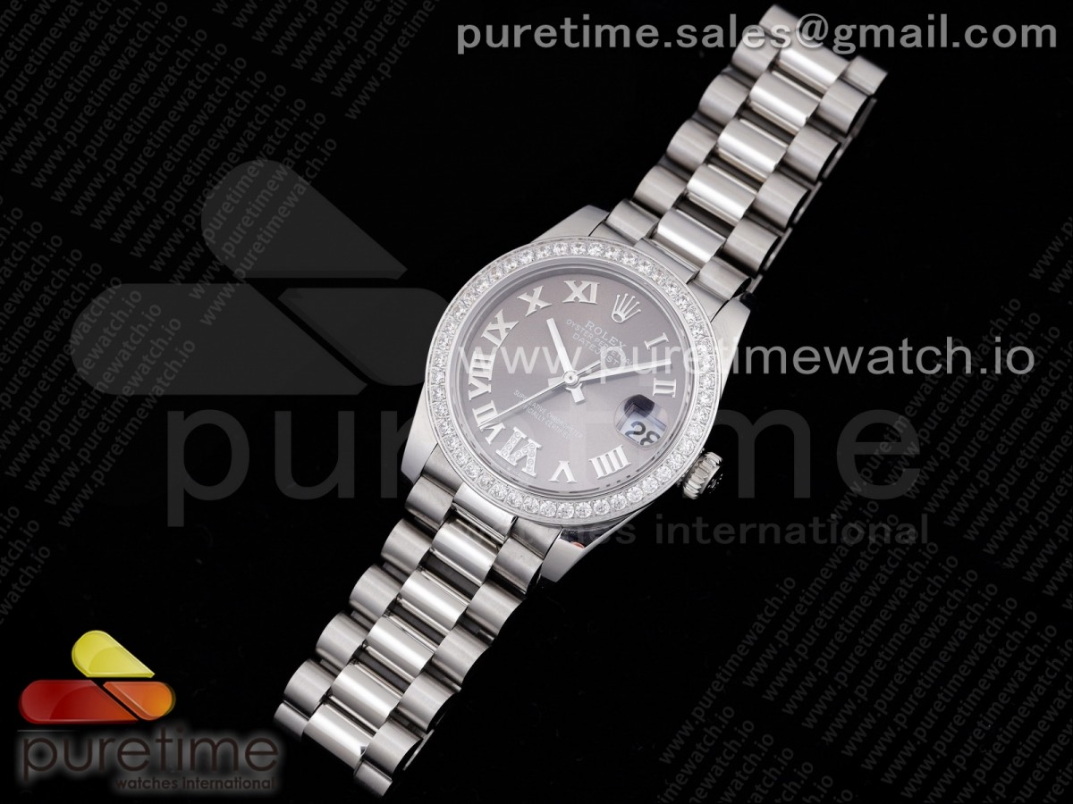 GM공장 롤렉스 데이저스트 31MM 그레이 로만인덱스 다이아베젤 브슬 여성용 / DateJust 31 Ladies 278289 GMF 316L Steel Diamonds Bezel Gray Dial Roman Markers on President Syle Bracelet