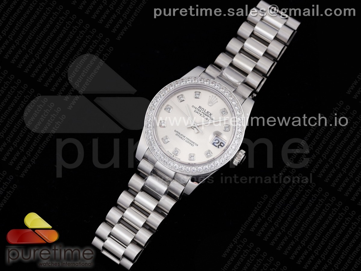 GM공장 롤렉스 데이저스트 31MM 실버 텐포인트 다이아베젤 브슬 여성용 / DateJust 31 Ladies 278289 GMF 316L Steel Silver Dial Diamonds Bezel and Markers on President Syle Bracelet