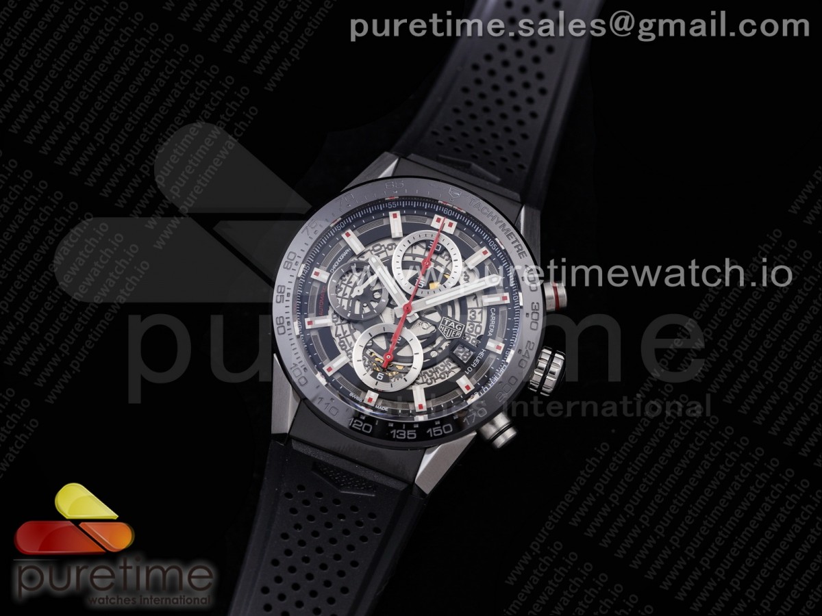 XF공장 칼리버호이어 43 스켈레톤다이얼 러버 스틸 / Calibre Heuer 01 Chrono 43mm SS XF 11 Best Edition Skeleton Dial Red Hand on Black Rubber Strap A1887