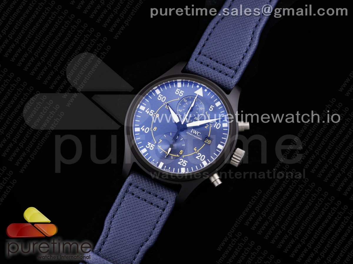 YL공장 IWC 파일럿 크로노 블랙 세라믹 카본 CF다이얼 블루가죽 / Pilot Chrono Blue Angels Black Ceramic YLF Best Edition on Blue Leather Strap A7750