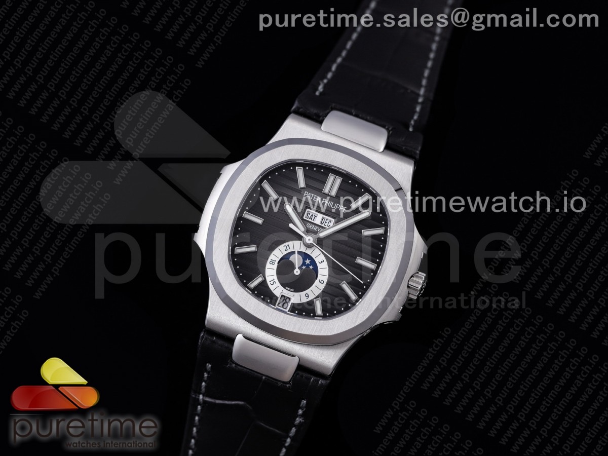 GR공장 V2 파텍필립 노틸러스 애뉴얼캘린더 블랙다이얼 가죽 / Nautilus 5726 Complicated SS GRF 11 Best Edition Black Textured Dial on Black Leather Strap A324