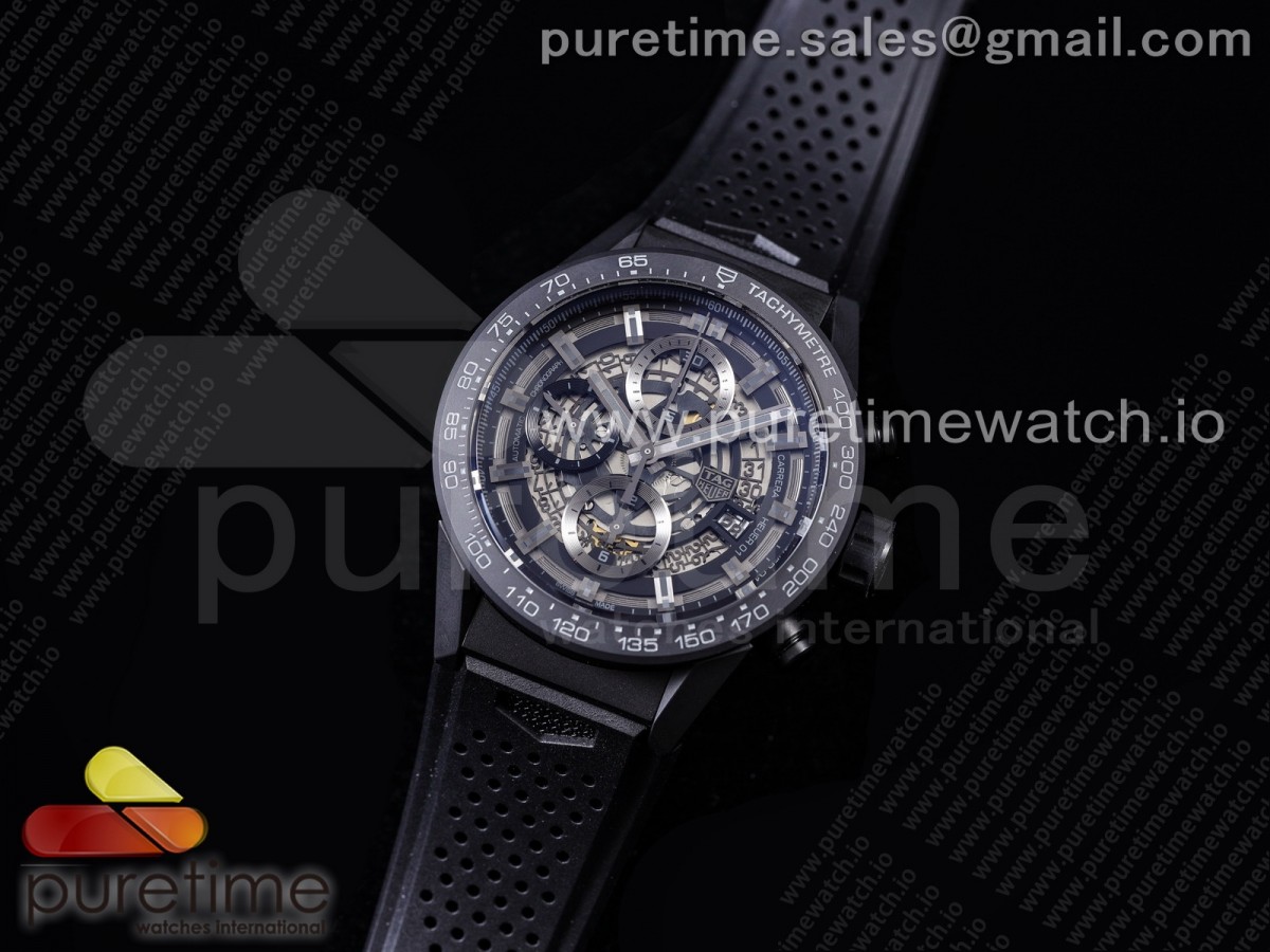 XF공장 칼리버호이어 43 세라믹 블랙핸즈 스켈레톤다이얼 러버 Calibre Heuer 01 Chrono 43mm Ceramic XF 11 Best Edition Skeleton Dial on Black Rubber Strap A1887