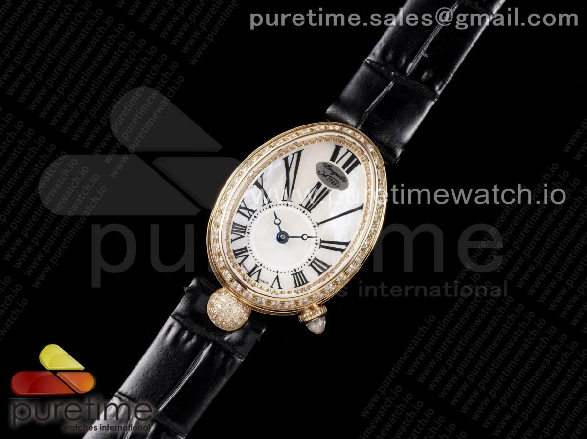 ZF공장 브레게 네이플 옐루골드 다이아베젤 자개다이얼 가죽스트랩 / Reine de Naples YG ZF 1:1 Best Edition White Roman Dial Diamonds Bezel on Black Leather Strap A537