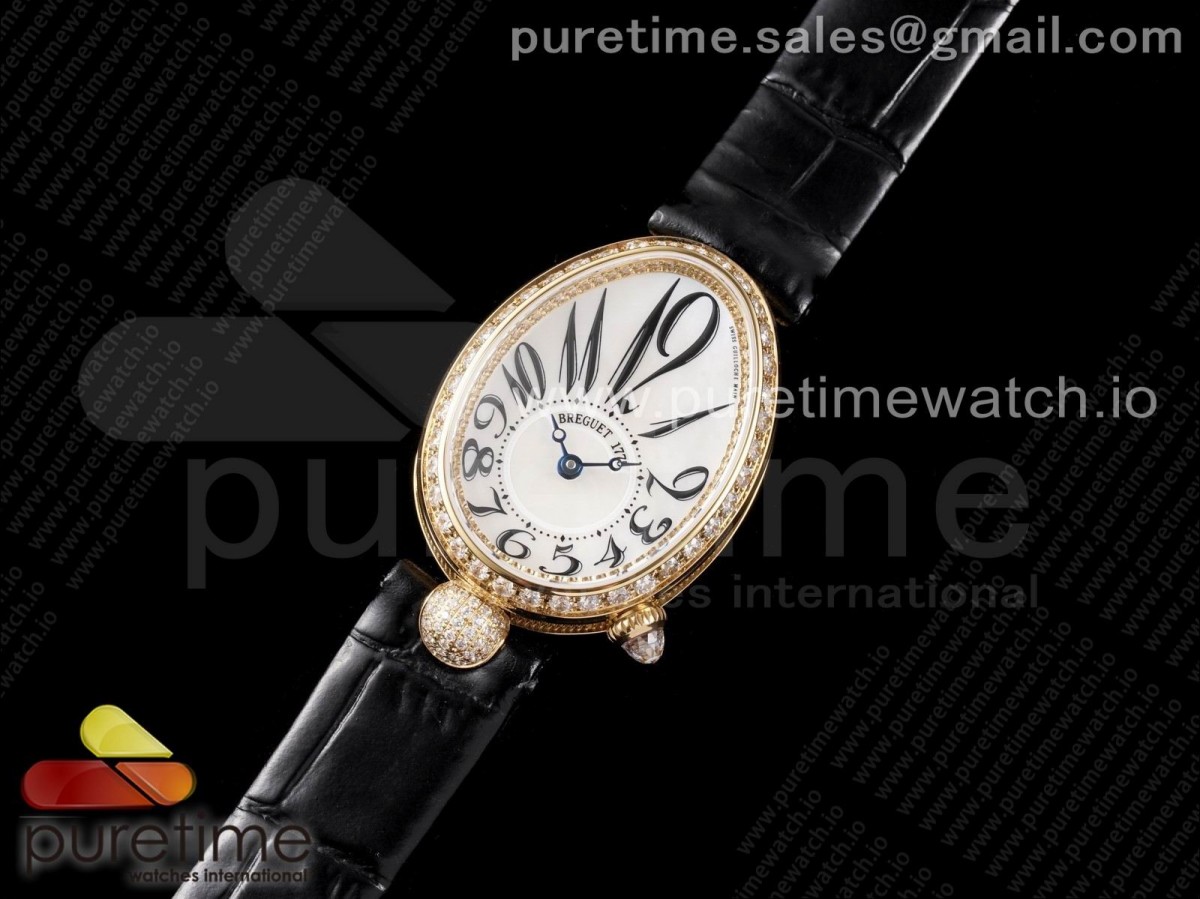 ZF공장 브레게 네이플 옐루골드 다이아베젤 자개 넘버다이얼 가죽스트랩 / Reine de Naples YG ZF 1:1 Best Edition White Arabic Dial Diamonds Bezel on Black Leather Strap A537