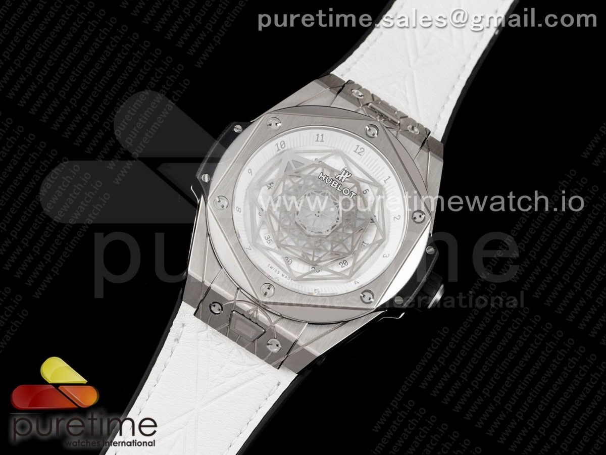 HB공장 위블로 빅뱅 유니코 상블루 티타늄 화이트 거미스트랩 / Big Bang Unico Sang Bleu Titanium HBF Skeleton Dial on White Gummy Strap HUB1213