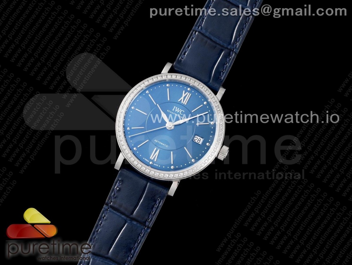 V7공장 IWC 포르토피노 블루다이얼 다이아베젤 가죽 / Portofino 37mm SS V7F 11 Best Edition Blue Dial Diamonds Bezel on Blue Leather Strap A2892