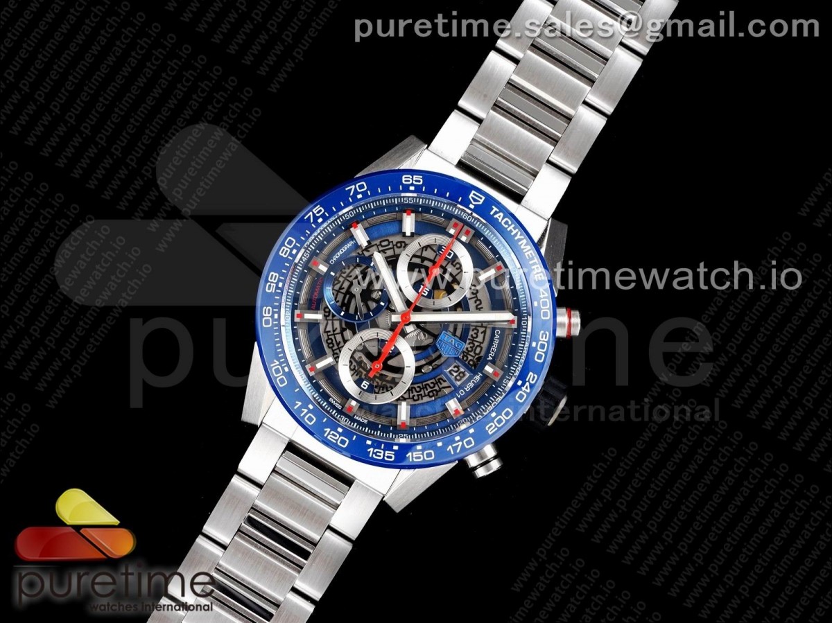 XF공장 태그호이어 칼리버호이어 블루 스켈레톤 다이얼 43MM / Calibre Heuer 01 Chrono 43mm Blue Ceramic SS XF 11 Best Edition Skeleton Dial on SS Bracelet A1887