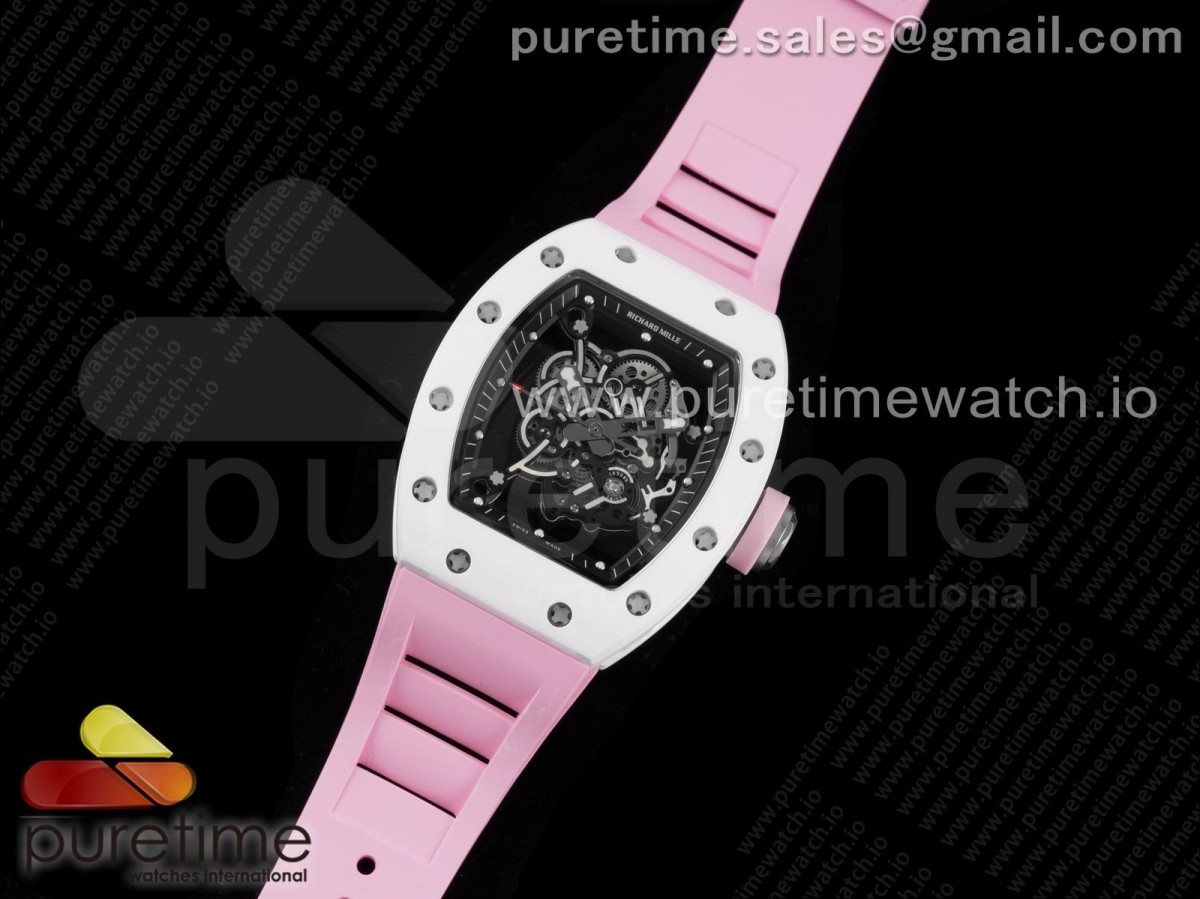 KV공장 V3 리차드밀 RM055 화이트세라믹 스켈레톤다이얼 핑크러버 / RM055 White Ceramic KVF Best Edition Skeleton Dial Black on Pink Rubber Strap MIYOTA8215 V3