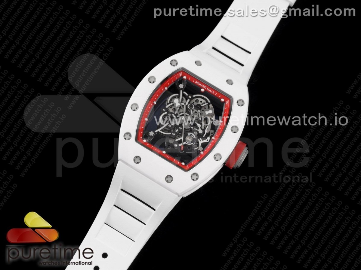 KV공장 V3 리차드밀 RM055 화이트세라믹 스켈레톤다이얼 레드 화이트러버 / RM055 White Ceramic KVF Best Edition Skeleton Dial Red on White Rubber Strap MIYOTA8215 V3