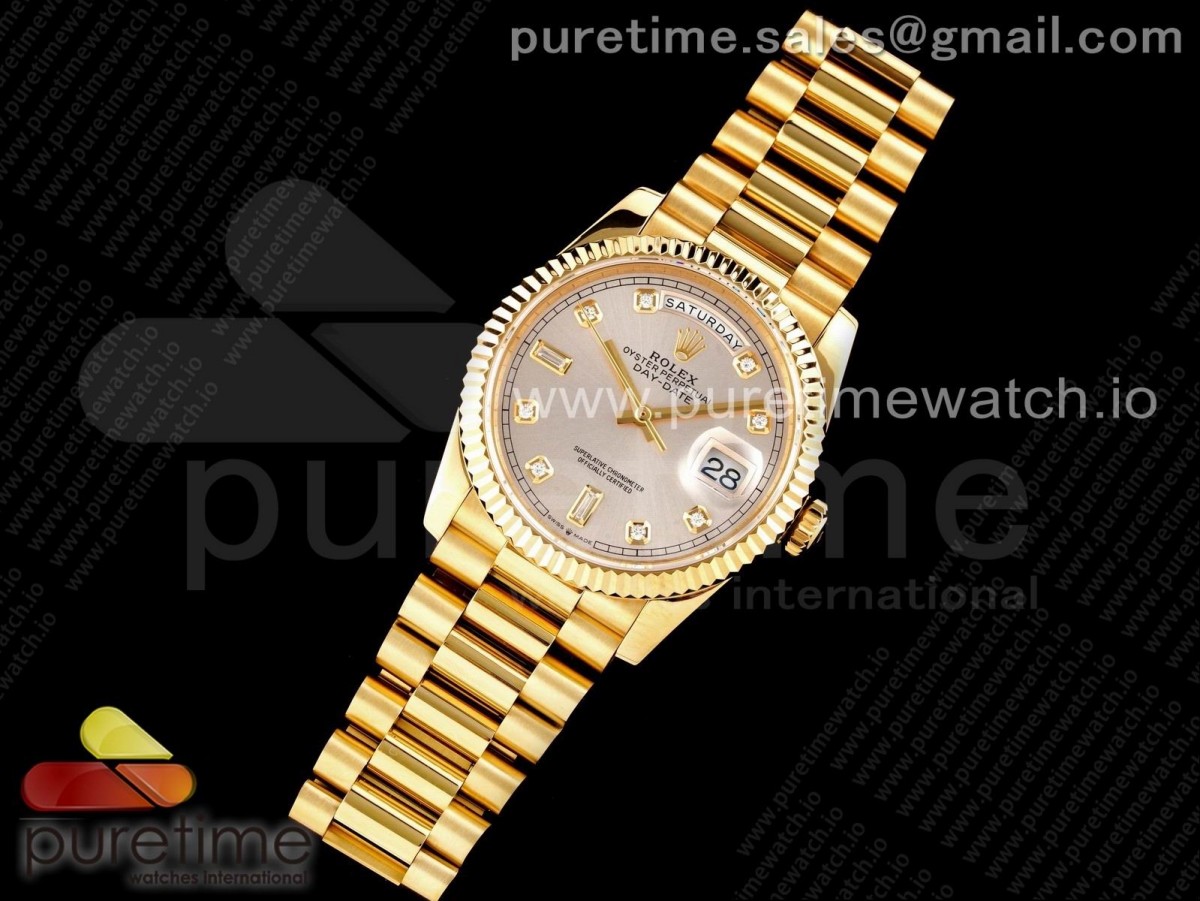 GM공장 롤렉스 데이데이트 36MM 옐로우골드 실버 다이아다이얼 / Day Date 36 YG 904L Steel Fluted Bezel GMF 11 Best Edition Silver Diamonds Dial on YG Bracelet A2836