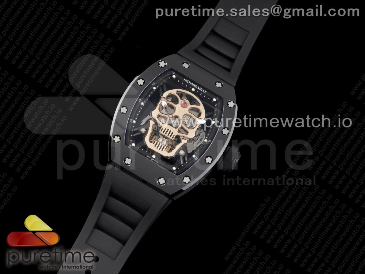 JB공장 리차드밀 RM052 세라믹 리얼 투어빌론 스켈레톤다이얼 블랙러버 블랙버클 / RM052 Skull Sandblasted Black Ceramic Real Tourbillon JBF 11 Best Edition RG Skull Dial on Black Rubber Strap (Black Clasp)