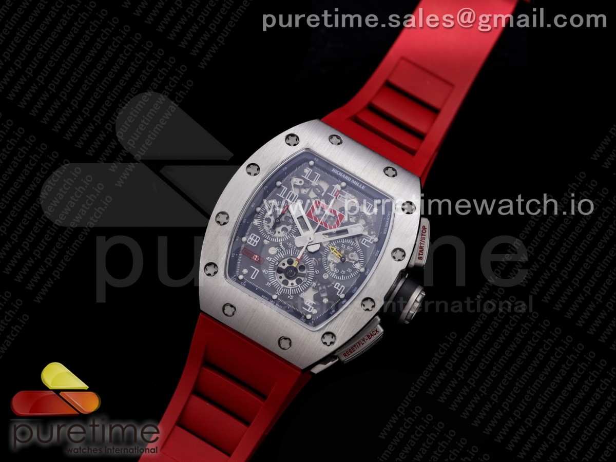 KV공장 리차드밀 RM011 크리스탈다이얼 실버 레드러버 / RM011 SS Chrono KVF 1:1 Best Edition Crystal Dial Black on Red Rubber Strap A7750 V3