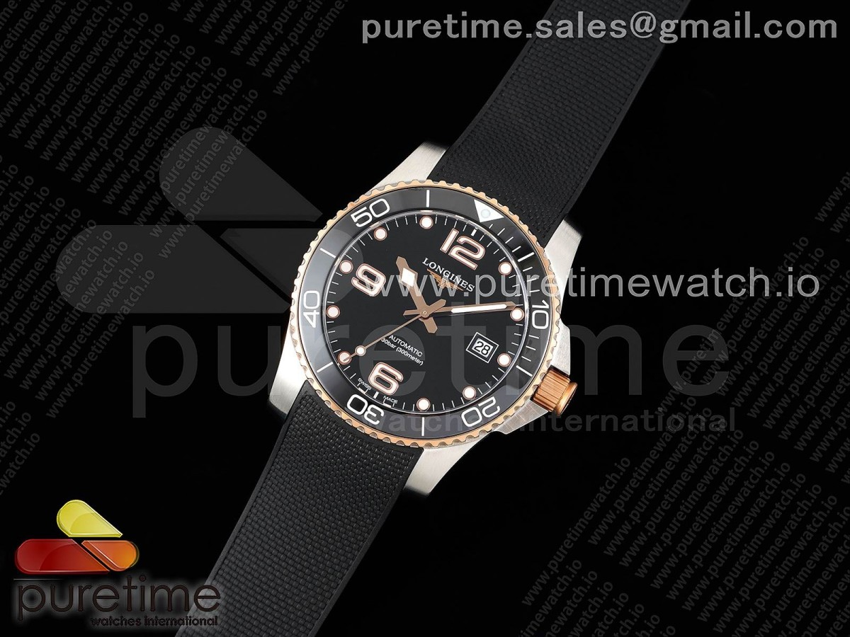 ZF공장 론진 하이드로콘퀘스트 로즈골드 콤비 블랙 러버 / Conquest SSRG Black Ceramic Bezel SS ZF 11 Best Edition Black Dial on Black Rubber Strap A2824
