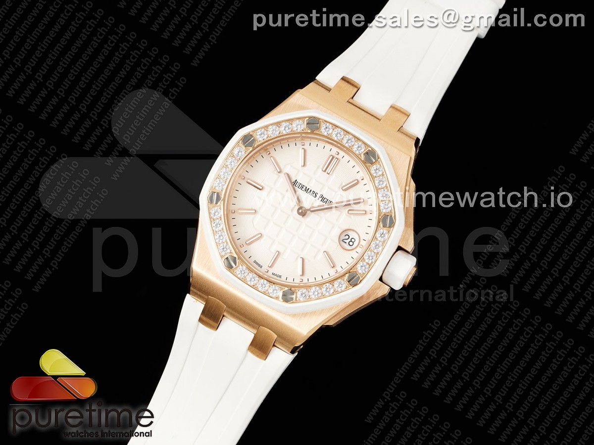 TW공장 오데마피게 로얄오크 레이디 37MM 57540 로즈골드 다이아베젤 화이트다이얼 러버 / Royal Oak Offshore Ladies 37mm 67540 RG TWF Best Edition White Dial on White Rubber Strap ETA Quartz