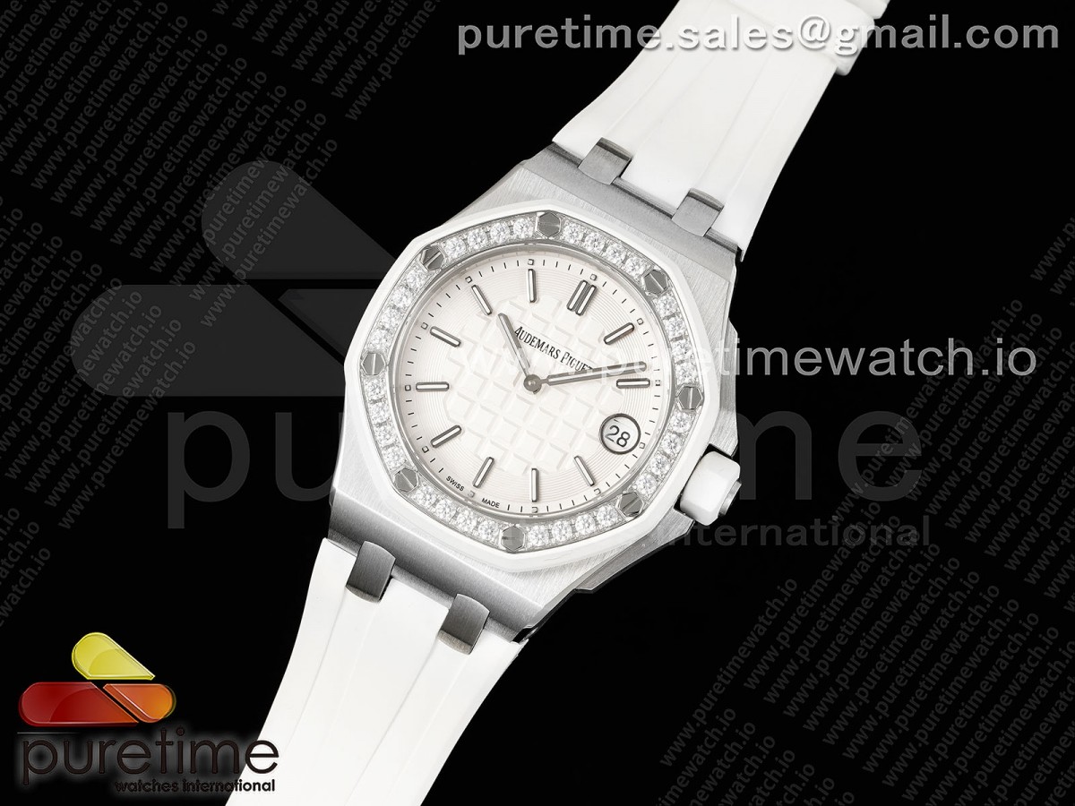 TW공장 오데마피게 로얄오크 레이디 37MM 57540 다이아베젤 화이트다이얼 러버 / Royal Oak Offshore Ladies 37mm 67540 SS TWF Best Edition White Dial on White Rubber Strap ETA Quartz