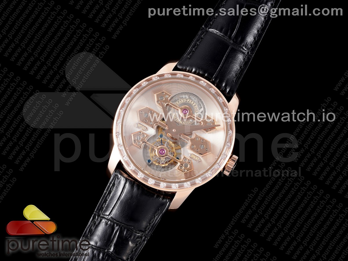 JB공장 지라드페리고 브릿지 투어빌론 로즈골드 금통 다이아베젤 골드다이얼 가죽 / GP Bridges 44mm Tourbillon RG JBF Best Edition Diamonds Bezel RG Dial on Black Leather Strap