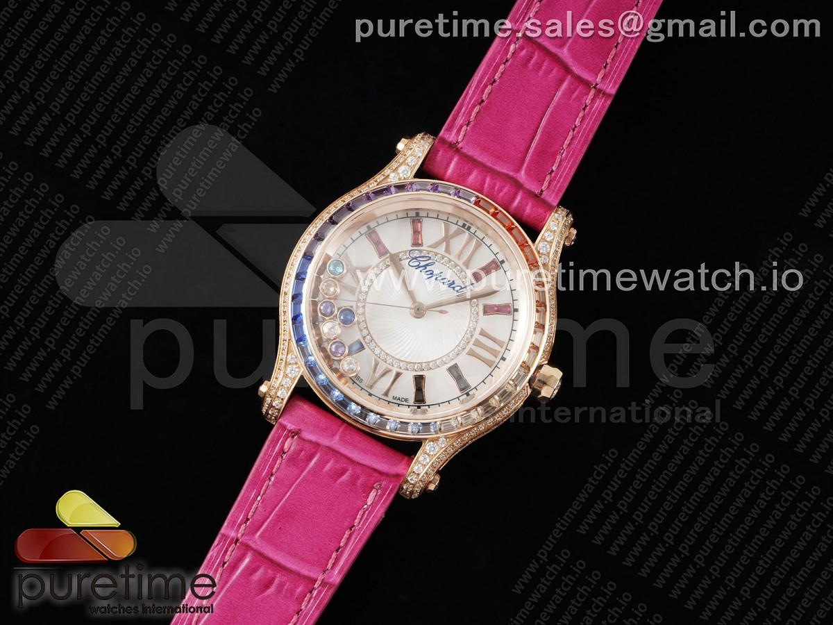 TWS공장 쇼파드 해피스포츠 36MM 레인보우다이아 화이트다이얼 로즈골드 가죽 / Happy Sport 36mm RG TWS 11 Best Edition Rainbow Diamonds Bezel White Dial on Pink Leather Strap A2892