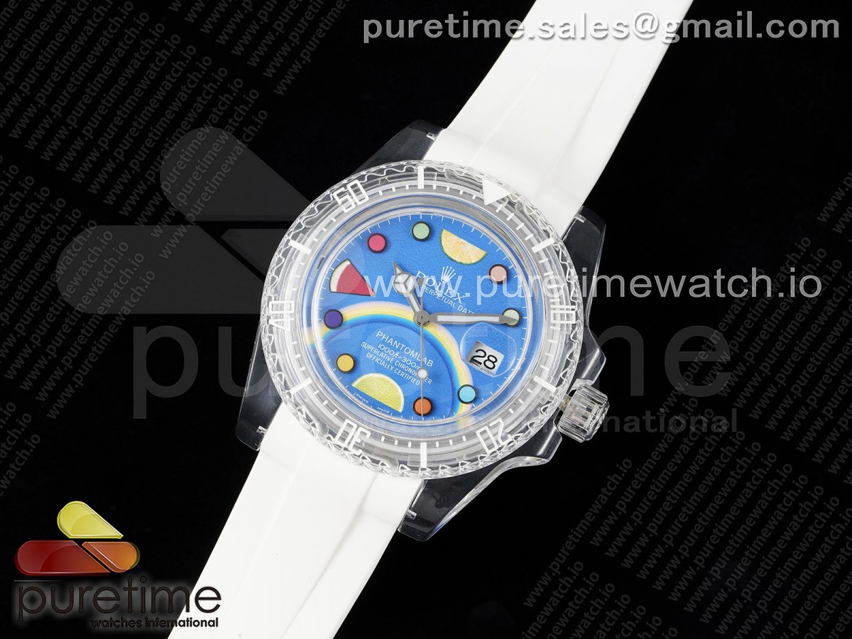 KZ공장 롤렉스 서브마리너 팬텀랩 블루토이 다이얼 화이트러버 VR3135 / Submariner Phantomlab Transparent KZF Best Edition Blue Toy Dial on White Rubber Strap VR3135 V2