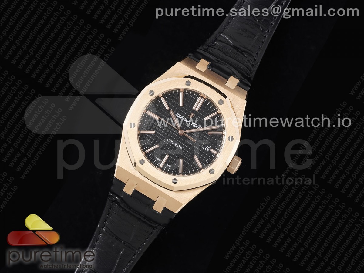 APS공장 오데마피게 로얄오크 15400 Royal Oak 41mm 15400 RG APSF 11 Best Edition Black Textured Dial on Black Leather Strap SA3120 Super Clone V3
