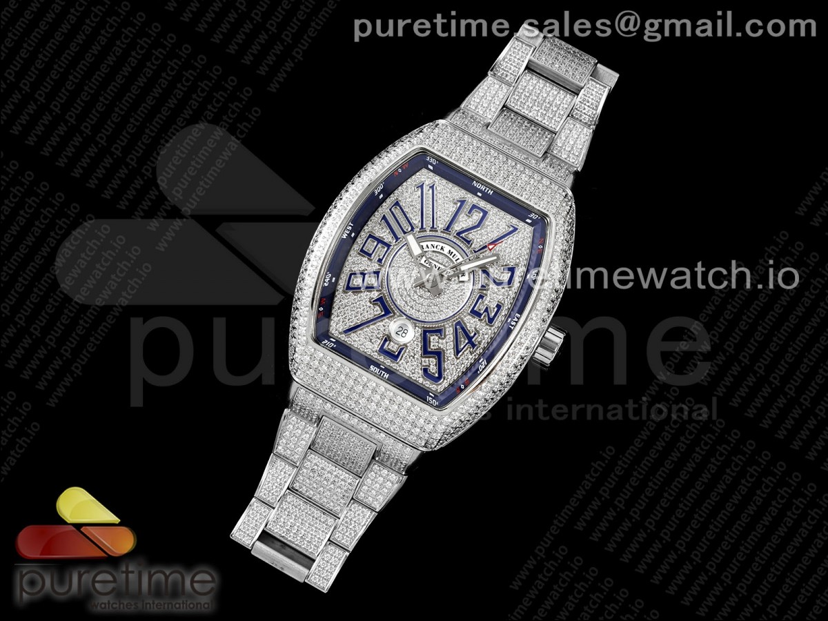 AB공장 프랭크뮬러 뱅가드  풀다이아 블루 Vanguard SS Full Diamonds ABF Best Edition Diamonds Blue Dial on Diamonds Bracelet A2824