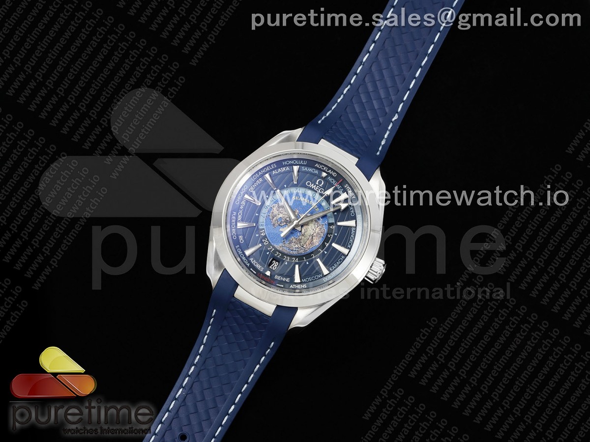 VS공장 아쿠아테라 GMT 월드타이머 43MM Aqua Terra GMT Worldtimer 43mm VSF 11 Best Edition Deep Blue Dial on Blue Rubber Strap A8938 Super Clone