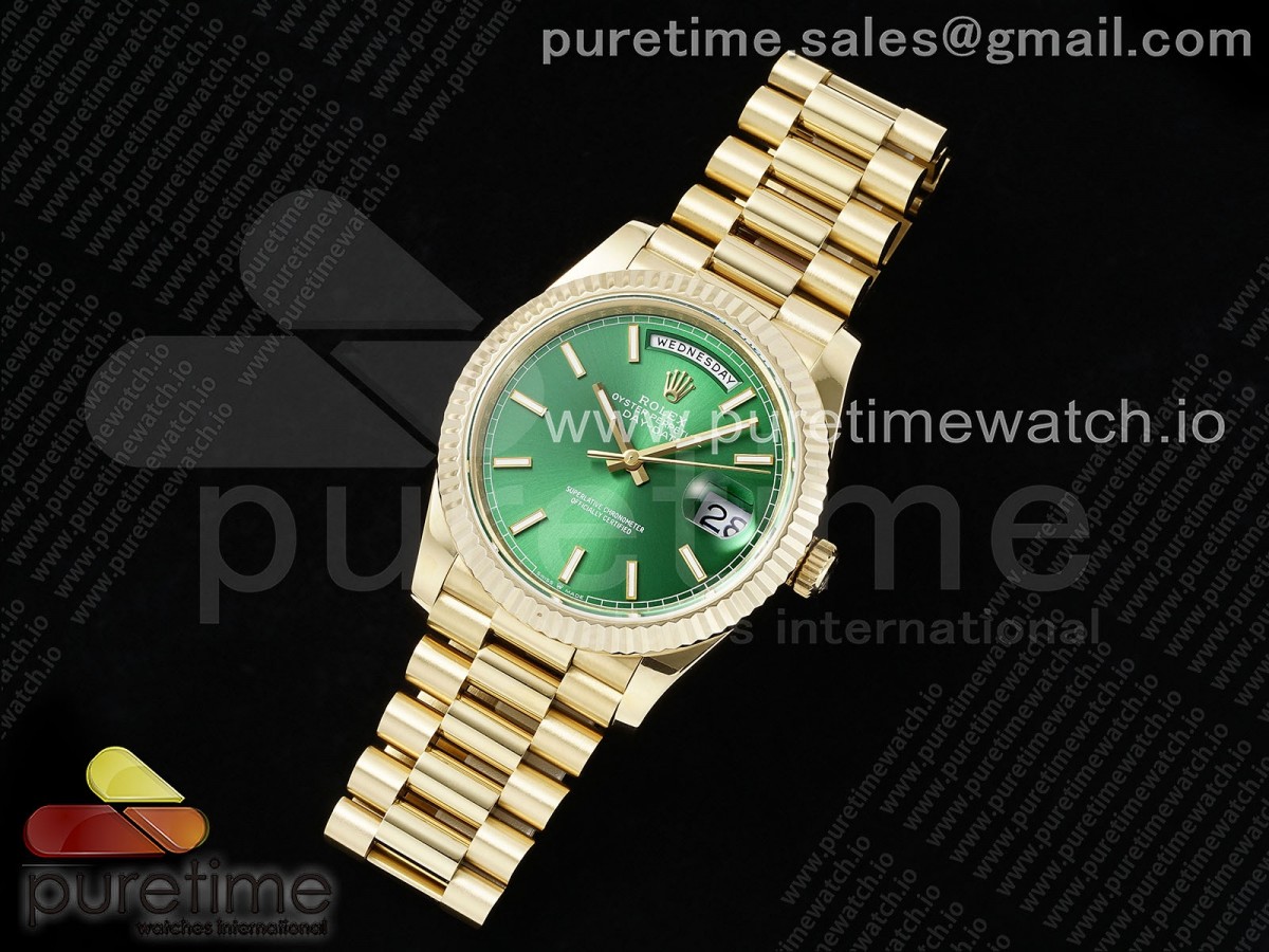 JD=GM공장 롤렉스 데이데이트 텅스텐 최신버전 3255무브먼트  DayDate 40 YG JDF Gain Weight 904L Steel Green Stick Dial on President Bracelet VR3255 V3