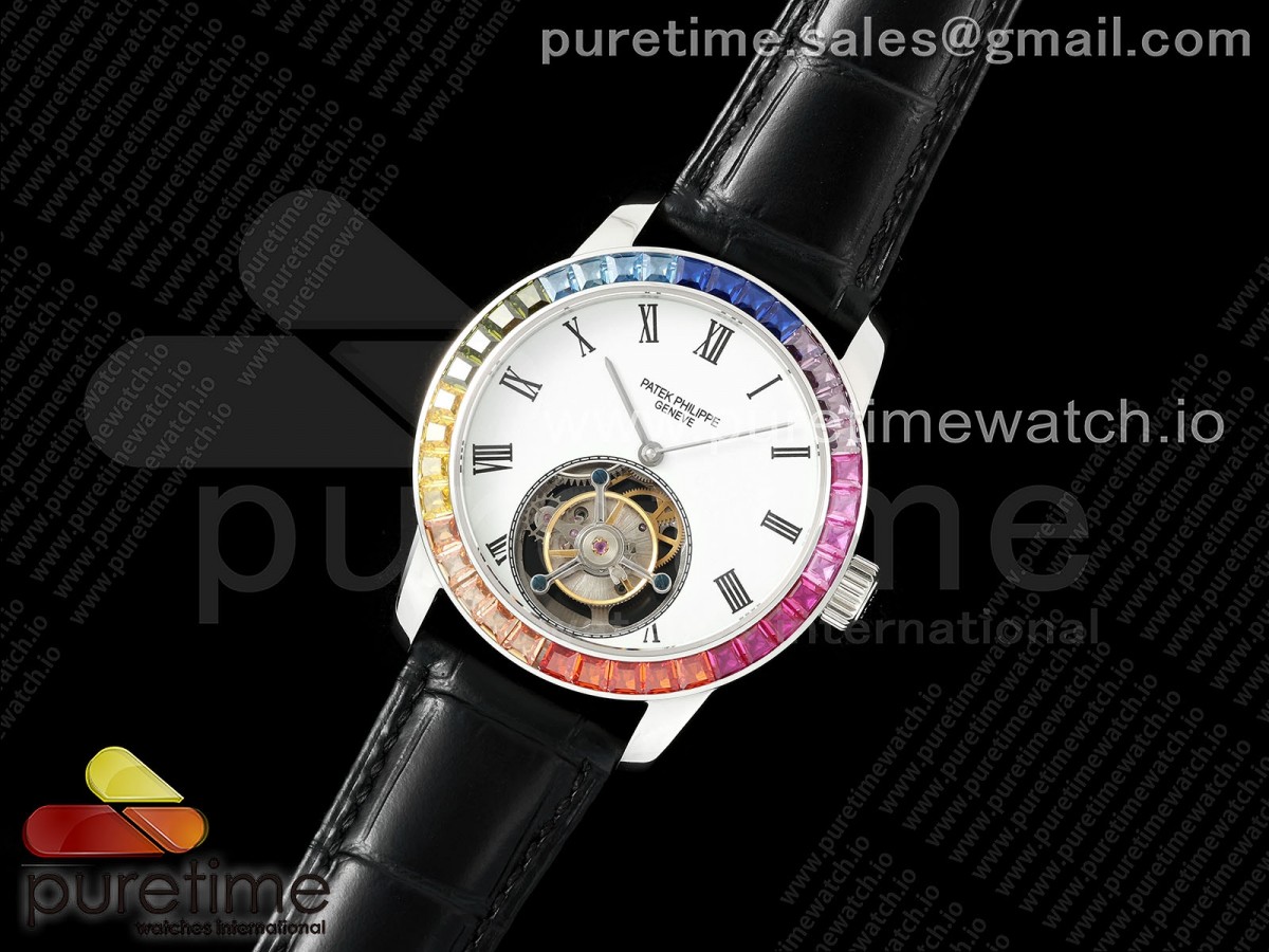 RMS공장 파텍필립 투어빌론PP Tourbillon SS Rainbow Bezel RMSF Edition White Dial on Black Leather Strap