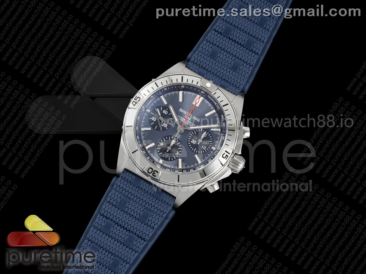 TF공장 브라이틀링 크로노맷 B01 러버스트랩 Chronomat B01 42mm SS TF 11 Best Edition Blue Dial on Blue Rouleaux Strap A7750 V2