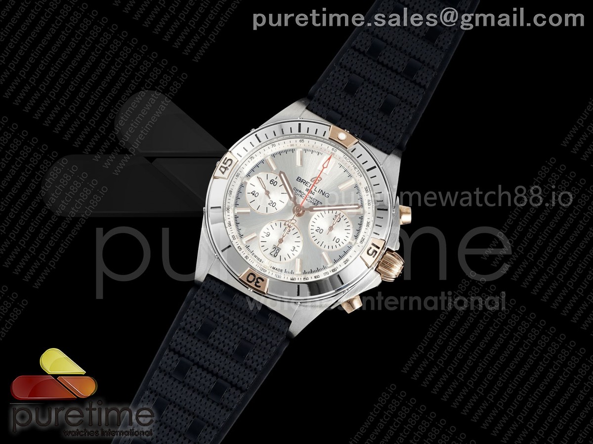 TF공장 브라이틀링 크로노맷 B01 러버스트랩 Chronomat B01 42mm SS TF 11 Best Edition Silver Dial on Black Rouleaux Strap A7750 V2