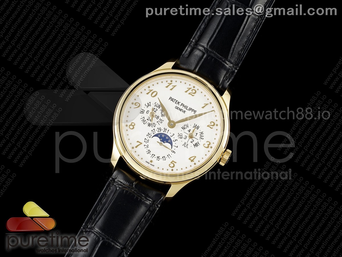 3K공장 파텍필립 퍼페추얼 캘린더 5140 옐로우골드 화이트다이얼 숫자인덱스 Perpetual Calendar 5140 YG 3KF Best Edition White Numeral Dial on Black Leather Strap A240