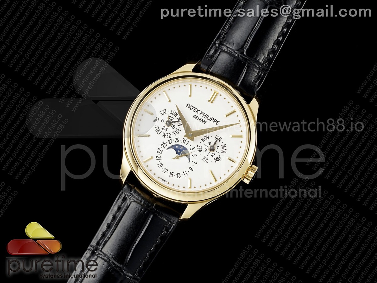 3K공장 파텍필립 퍼페추얼 캘린더 5140 옐로우골드 화이트다이얼 바인덱스Perpetual Calendar 5140 YG 3KF Best Edition White Dial on Black Leather Strap A240