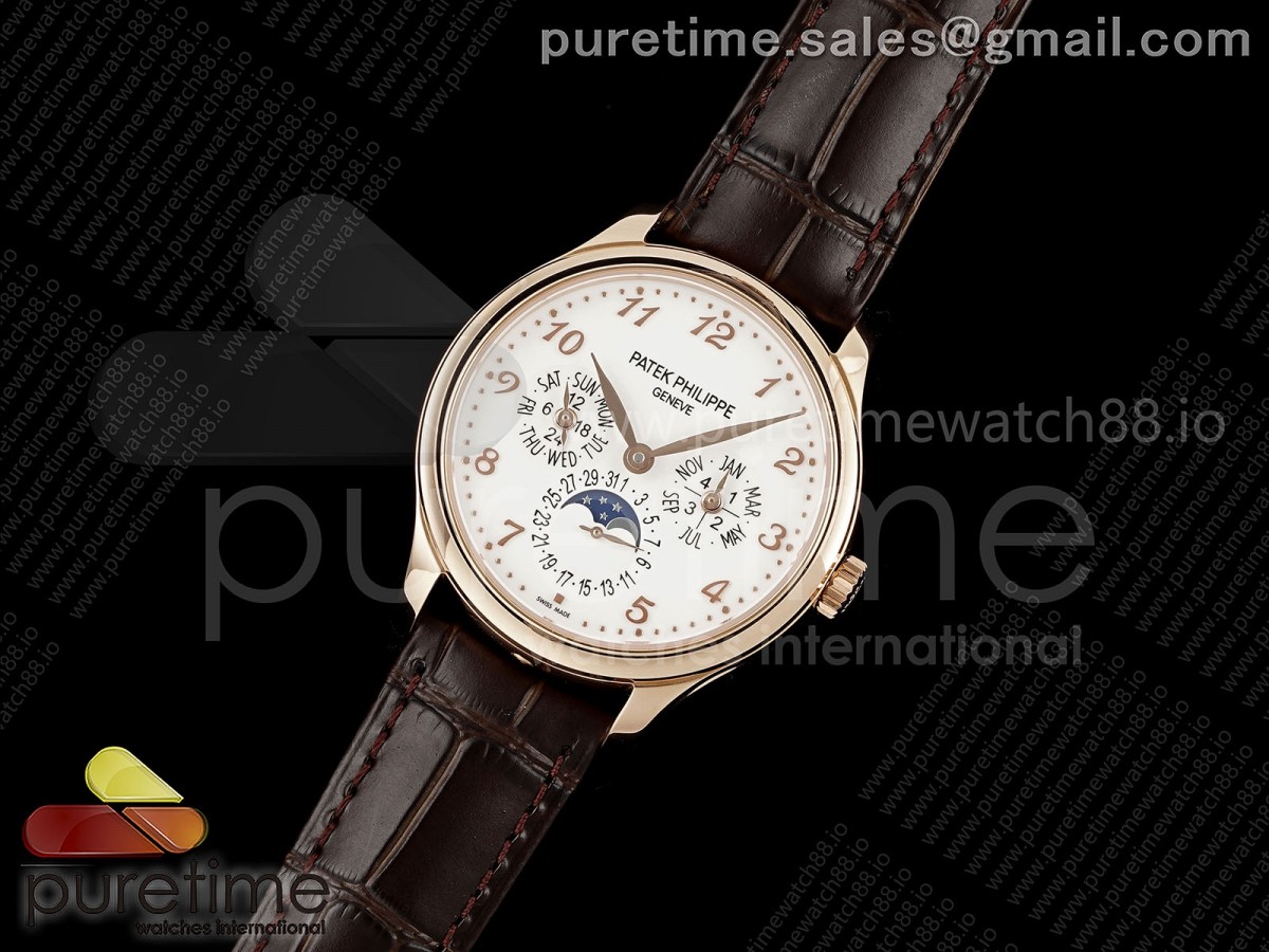 3K공장 파텍필립 퍼페추얼 캘린더 5140 로즈골드 화이트 숫자인덱스Perpetual Calendar 5140 RG 3KF Best Edition White Numeral Dial on Brown Leather Strap A240