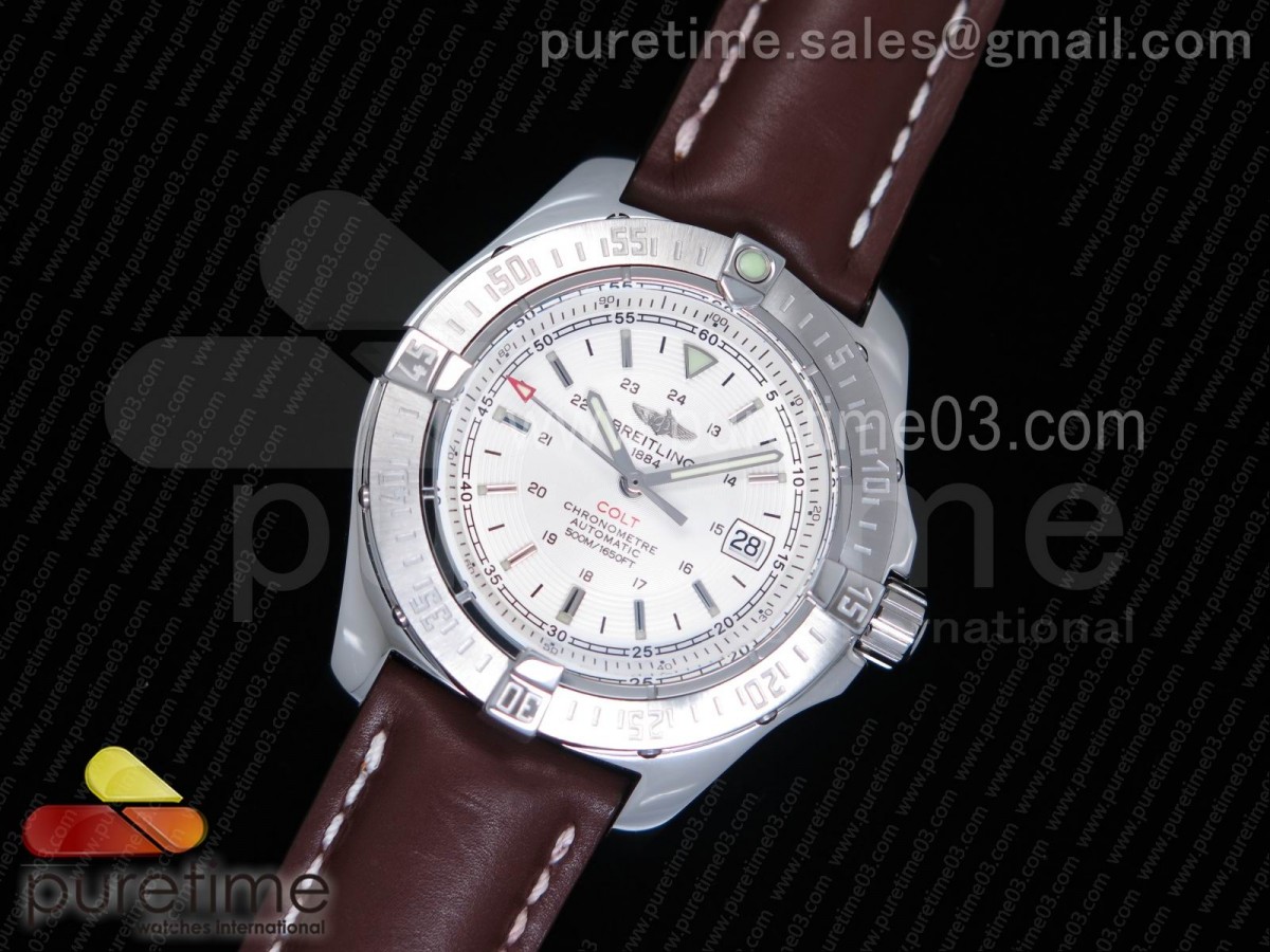 브라이틀링 콜트 오토매틱 화이트 다이얼 / 가죽 Colt II Automatic SS White Textured Dial on Brown Leather Strap A2824