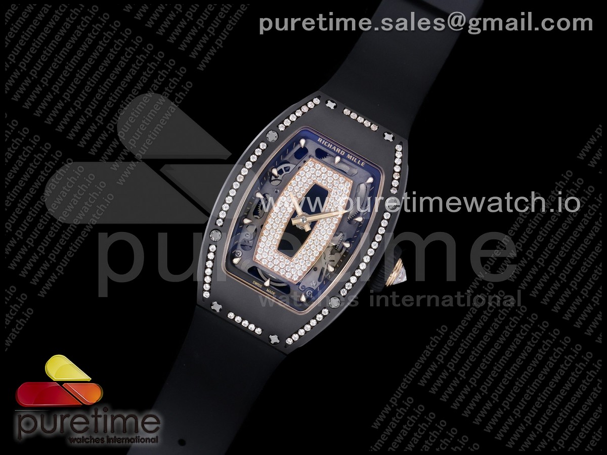 ZF공장 리차드밀 RM07 여성용 RM07 Ladies Black Ceramic Diamonds Bezel ZF 11 Best Edition Black Dial on Black Rubber Strap CRMA2 Clone