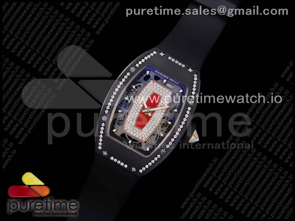 ZF공장 리차드밀 RM07 여성용 RM07 Ladies Black Ceramic Diamonds Bezel ZF 11 Best Edition Red Dial on Black Rubber Strap CRMA2 Clone